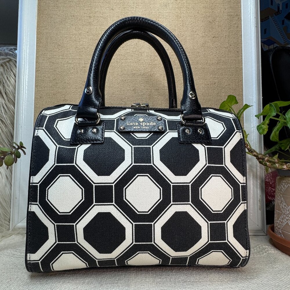 Kate Spade Geometric Canvas & Leather Boston Bag Satchel Top  handles Restored